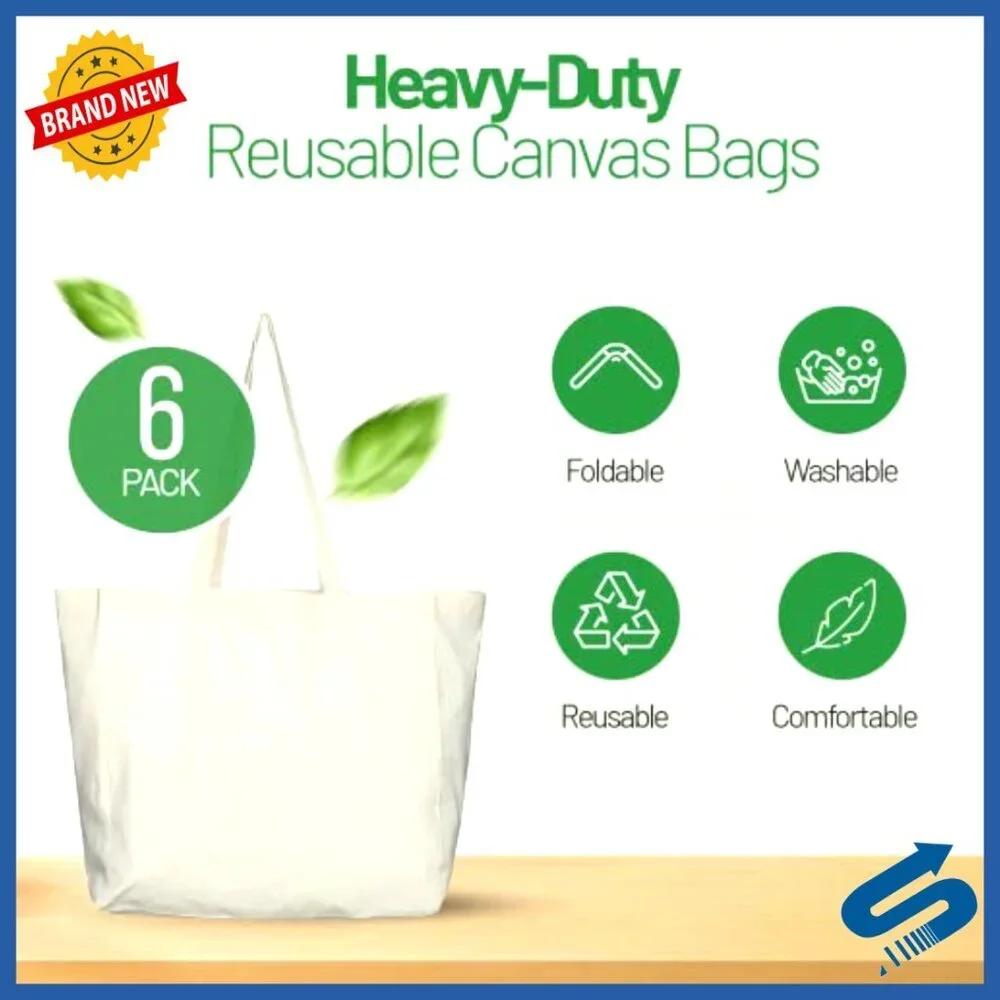 Reusable Canvas Grocery Tote Bags Heavy Duty Foldable Lightweight Eco Friendly